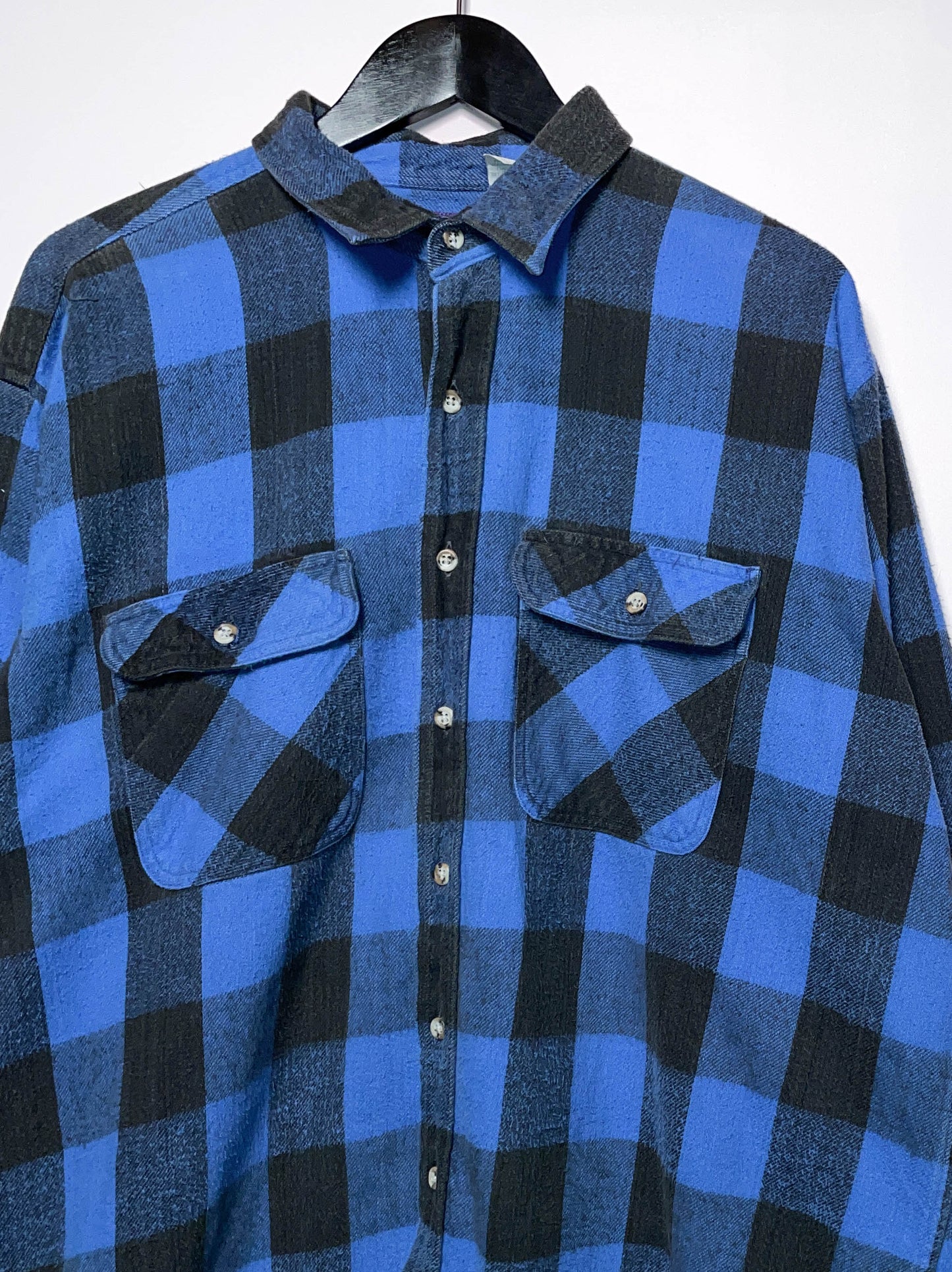 Vintage Cotton Flannel Plaid 'Blue Black' - XXL